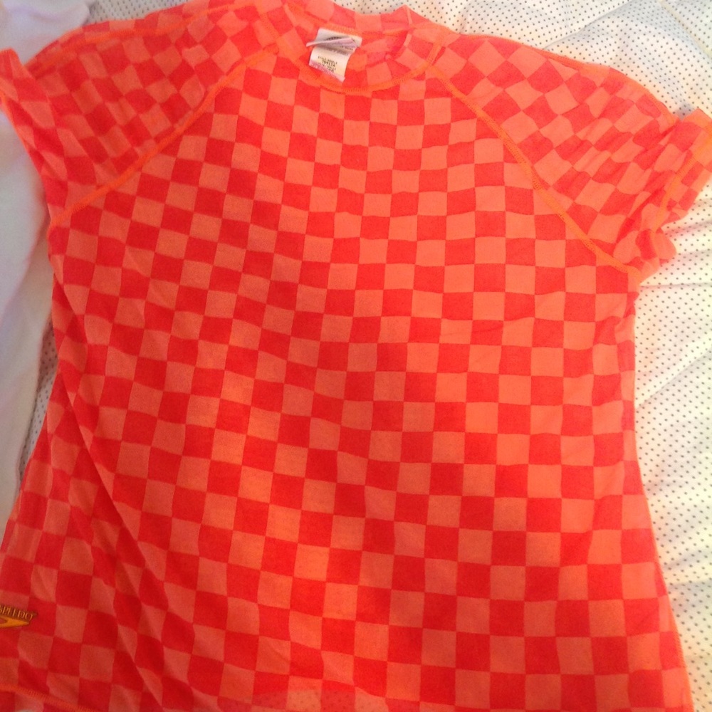 Speedo orange checkerboard mesh tshirt girls XL